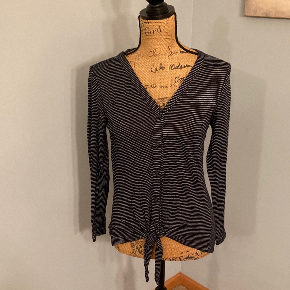 LOFT Black and White Striped V-Neck Long Sleeve Sweater Women Size Small